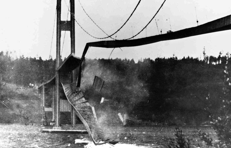 The Tacoma Narrows Bridge crumbles into Puget Sound on Nov. 7, 1940. The fifth-longest suspension bridge in the nation, the original structure know as ‘Galloping Gertie’ collapsed during a windstorm. It was rebuilt and completed in 1950. A reporter for the Tacoma News Tribune, James Bashford, shot the photo but credit was mistakenly given to a cameraman who shot a 16mm movie film, now a staple in engineering classes, of the unforgettable tumble. (AP Photo/The News Tribune, James Bashford) MANDATORY CREDIT  WATAC1
0307045280

0311429310 Previous UID: 0313509134
