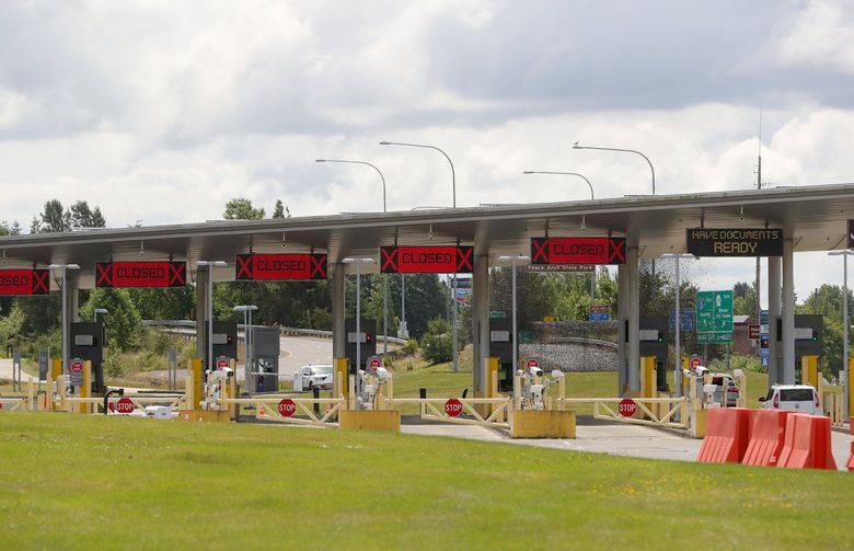 The U.S. border entrance with Canada at Blaine, Whatcom County, has most lanes closed on June 16, 2021. (Greg Gilbert / The Seattle Times)
