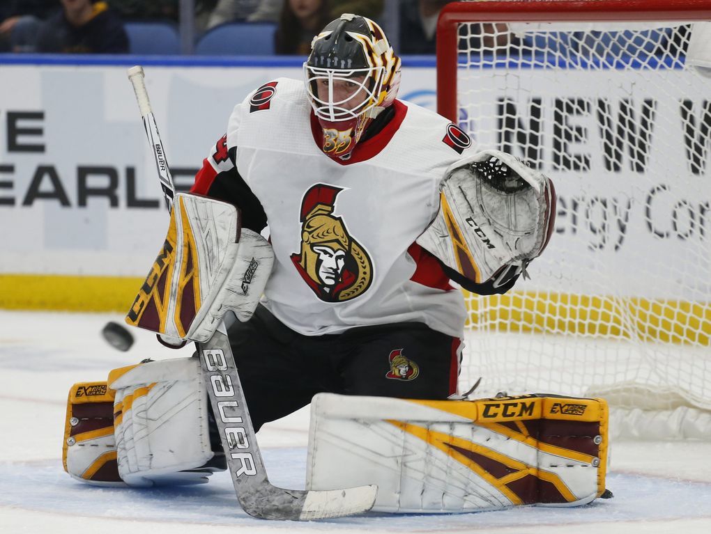 Ottawa Senators goalie Joey Daccord makes a save during the third period of the team’s NHL hockey game against the Buffalo Sabres on Thursday, April 4, 2019, in Buffalo, N.Y. (Jeffrey T. Barnes / AP)