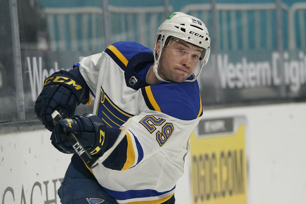 St. Louis Blues defenseman Vince Dunn (29) against the San Jose Sharks an NHL hockey game in San Jose, Calif., Saturday, March 20, 2021. (Jeff Chiu / AP)