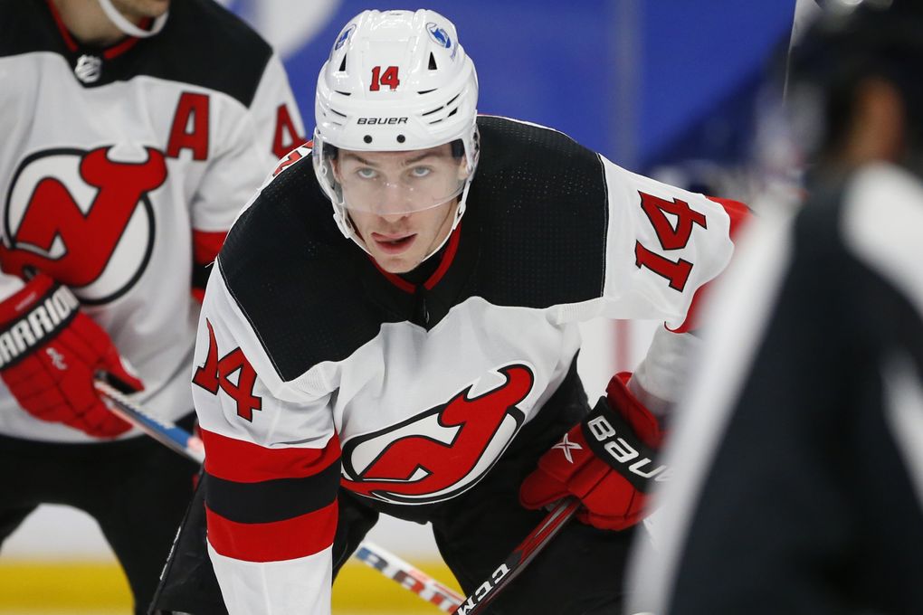 New Jersey Devils forward Nathan Bastian (14) during the second period of an NHL hockey game against the Buffalo Sabres, Sunday, Jan. 31, 2021, in Buffalo, N.Y. (Jeffrey T. Barnes / AP)