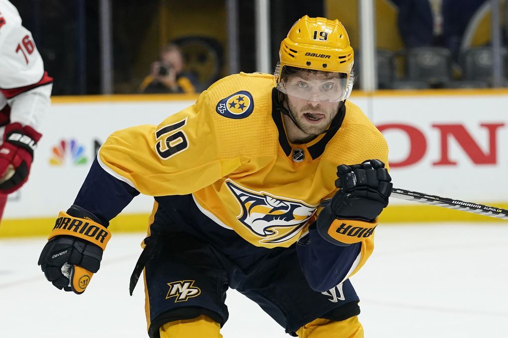 Nashville Predators center Calle Jarnkrok (19) plays against the Carolina Hurricanes during the second period in Game 4 of an NHL hockey Stanley Cup first-round playoff series Sunday, May 23, 2021, in Nashville, Tenn. (Mark Humphrey / AP)