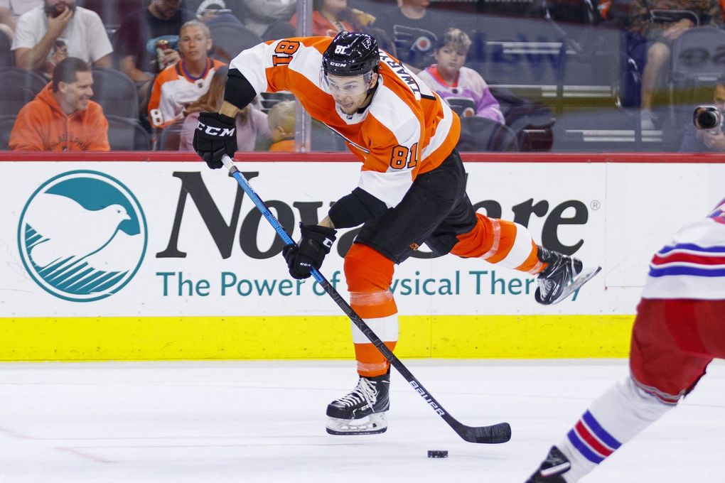 Philadelphia Flyers’ Carsen Twarynski in action during the second period of a preseason NHL hockey game against the New York Rangers, Saturday, Sept. 21, 2019, in Philadelphia. The Flyers won 4-1. (Chris Szagola / AP)
