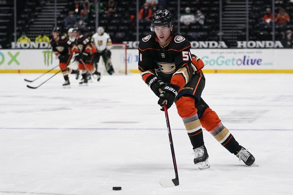 Anaheim Ducks defenseman Haydn Fleury (51) controls the puck during the first period of an NHL hockey game against the Vegas Golden Knights Friday, April 16, 2021, in Anaheim, Calif. (AP Photo/Ashley Landis) (Ashley Landis / AP)