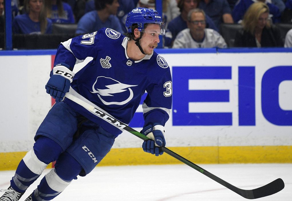 Tampa Bay Lightning center Yanni Gourde (37) follows a play during the first period of Game 5 of the NHL hockey Stanley Cup finals series against the Montreal Canadiens, Wednesday, July 7, 2021, in Tampa, Fla. (Phelan M. Ebenhack / AP)