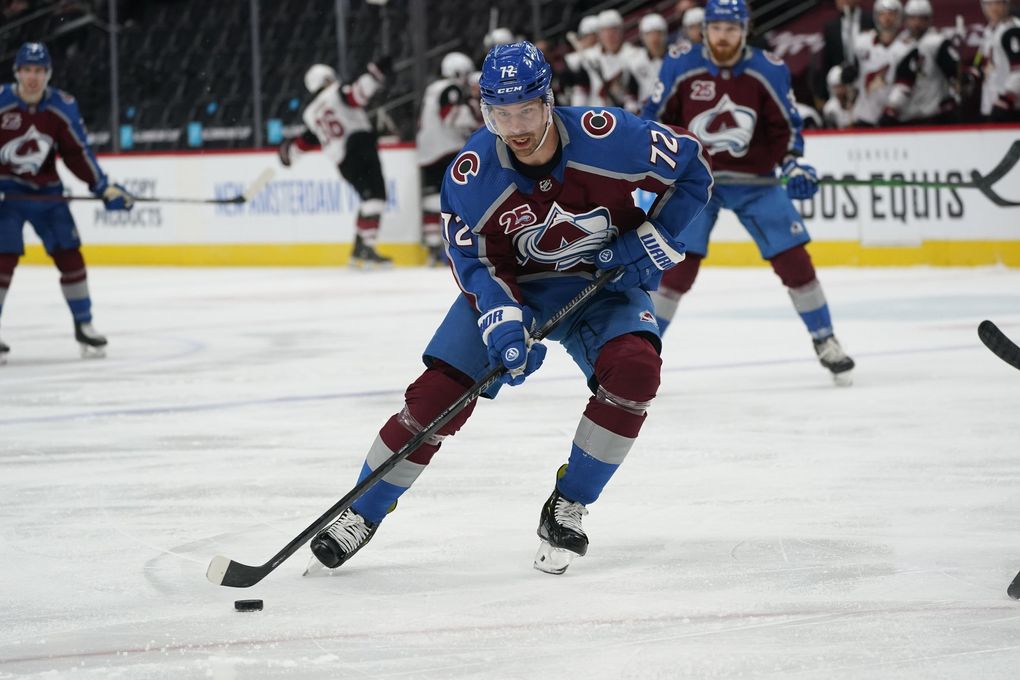 Colorado Avalanche right wing Joonas Donskoi (72) in the second period of an NHL hockey game Monday, April 12, 2021, in Denver. (David Zalubowski / AP)