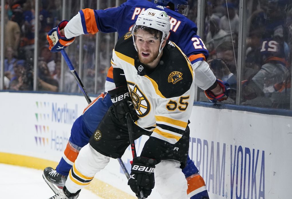 Boston Bruins’ Jeremy Lauzon (55) during the second period of Game 6 during an NHL hockey second-round playoff series against the New York Islanders Wednesday, June 9, 2021, in Uniondale, N.Y. (Frank Franklin II / AP)