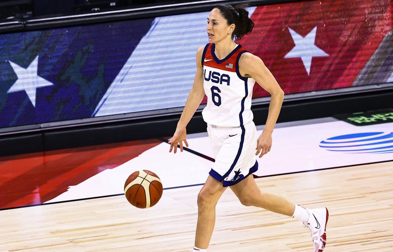 U.S. guard Sue Bird brings the ball up during the first half of the team’s pre-Olympic exhibition basketball game against Nigeria in Las Vegas on Sunday, July 18, 2021. (Chase Stevens/Las Vegas Review-Journal via AP) NVLAS323 NVLAS323