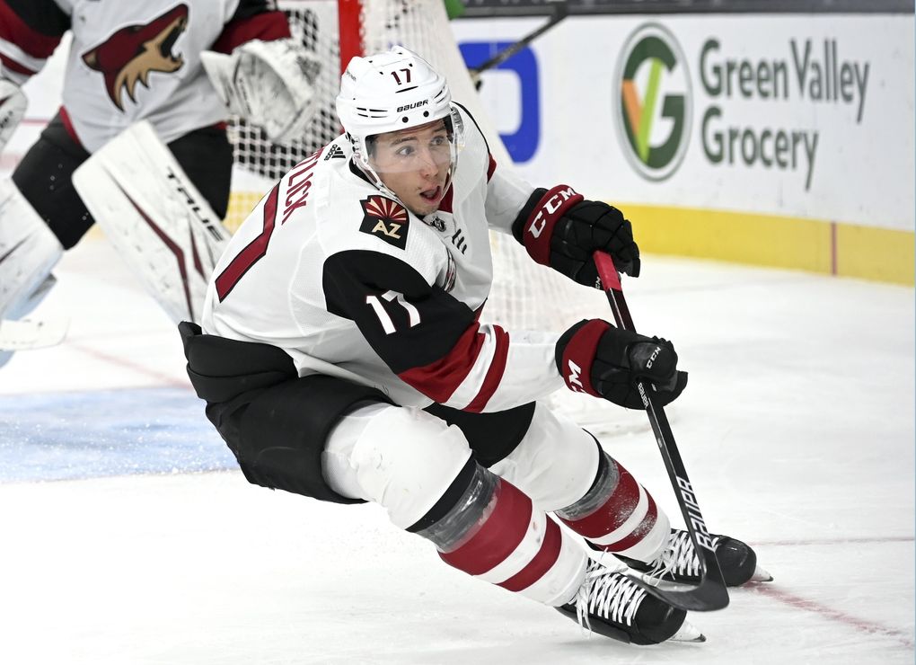 Arizona Coyotes center Tyler Pitlick (17) skates against the Vegas Golden Knights during the second period of an NHL hockey game Sunday, April 11, 2021, in Las Vegas. (David Becker / AP)