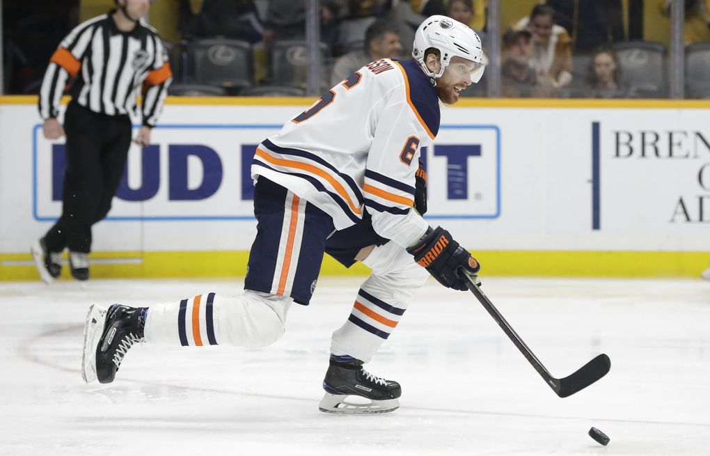 Edmonton Oilers defenseman Adam Larsson, of Sweden, plays against the Nashville Predators in the second period of an NHL hockey game Monday, March 2, 2020, in Nashville, Tenn. (AP Photo/Mark Humphrey)