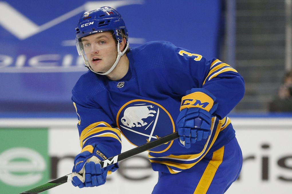 Buffalo Sabres defenseman William Borgen (3) skates during the first period of an NHL hockey game against the New York Islanders, Monday, Feb. 15, 2021, in Buffalo, N.Y. (Jeffrey T. Barnes / AP)