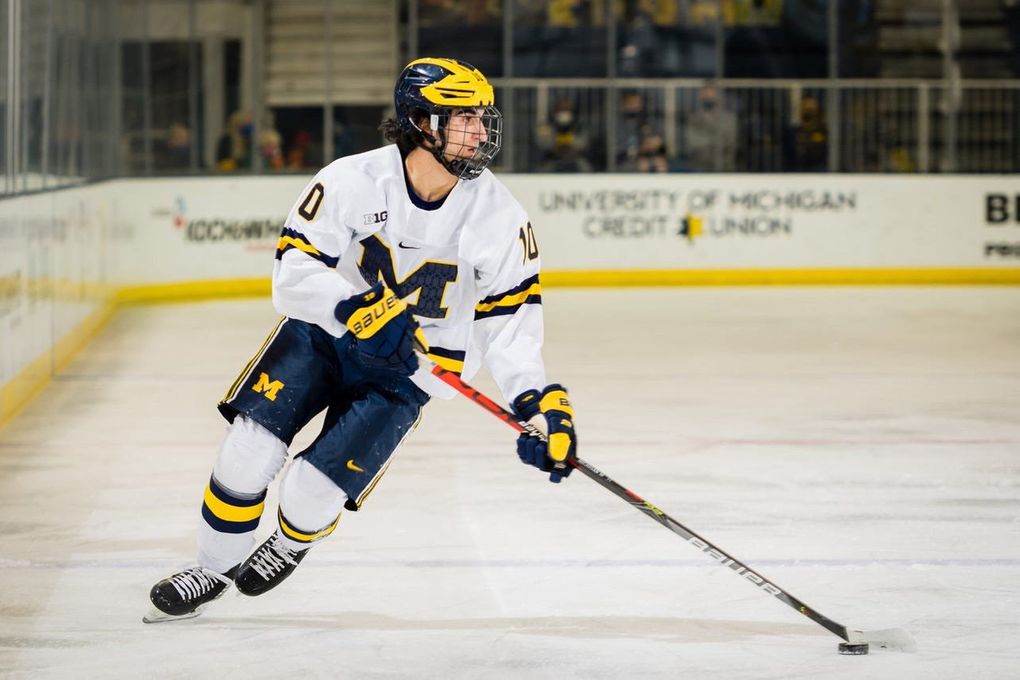 The Kraken made Michigan center Matthew Beniers, seen on Jan. 8, 2021, its first NHL entry draft pick in franchise history. (Daryl Marshke / TNS)
