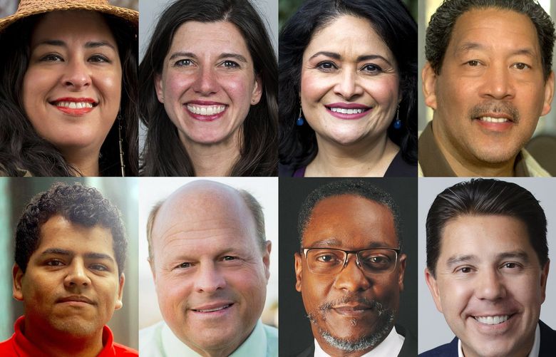 2021 Seattle mayoral candidates. Top row, l-r: Colleen Echohawk, Jessyn Farrell, Lorena González, Bruce Harrell. Bottom row, l-r: Andrew Grant Houston, Art Langlie, Lance Randall, Casey Sixkiller.