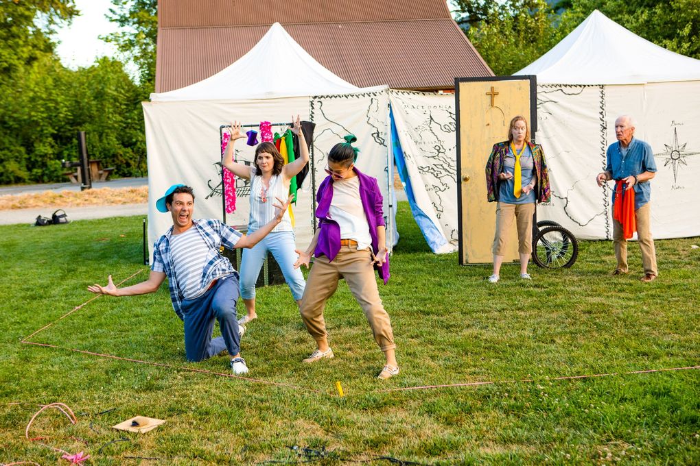 Rico Lastrapes, Kelly Karcher, MJ Daly, Katt Witt and R. Hamilton Wright (from left) in Seattle Shakespeare Company/Wooden O’s production of “The Comedy of Errors.” The five actors portrayed all of the characters, with some switching roles mid-scene. (John Ulman)