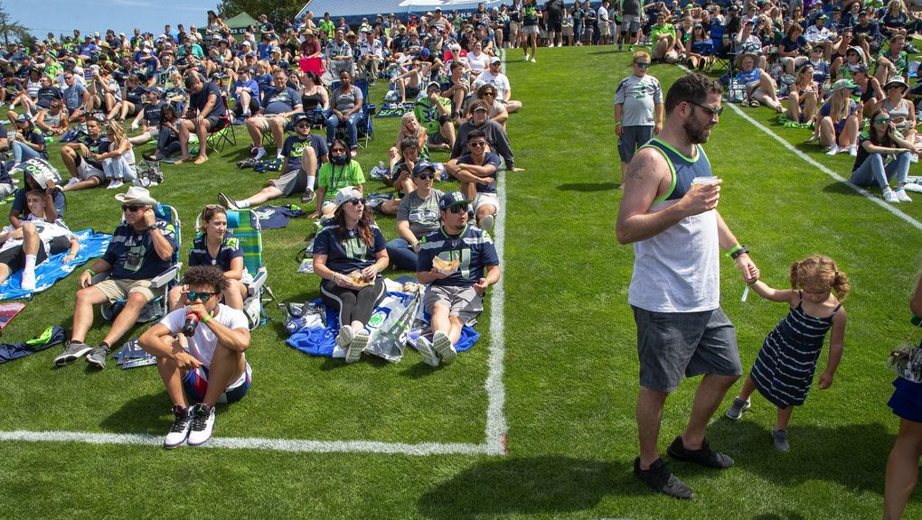 The Seattle Seahawks opened camp to the general public at the VMAC in Renton, WA. Training camp was closed last year due to COVID restrictions. (Dean Rutz / The Seattle Times)