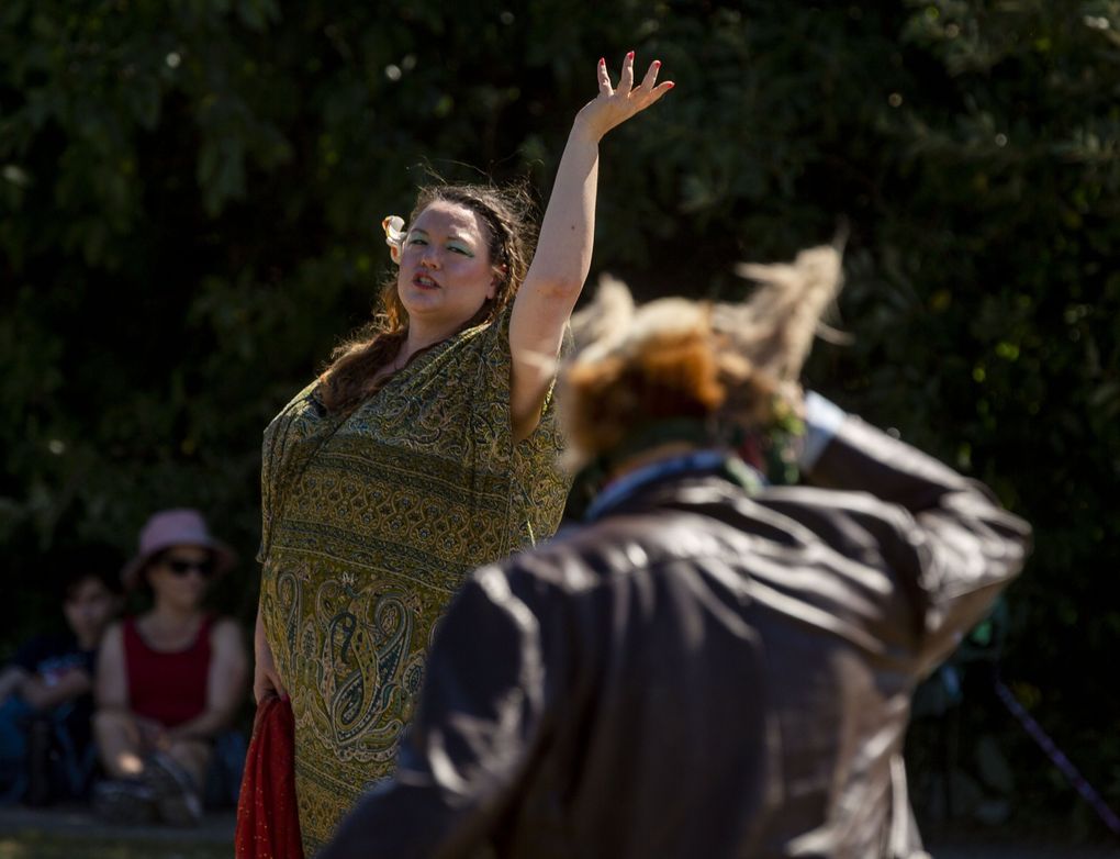 Amelia Meckler performs in GreenStage’s production of “A Midsummer Night’s Dream” on July 25 at Magnuson Park Amphitheater. The production continues through Aug. 14 at area parks. (Sylvia Jarrus / The Seattle Times)