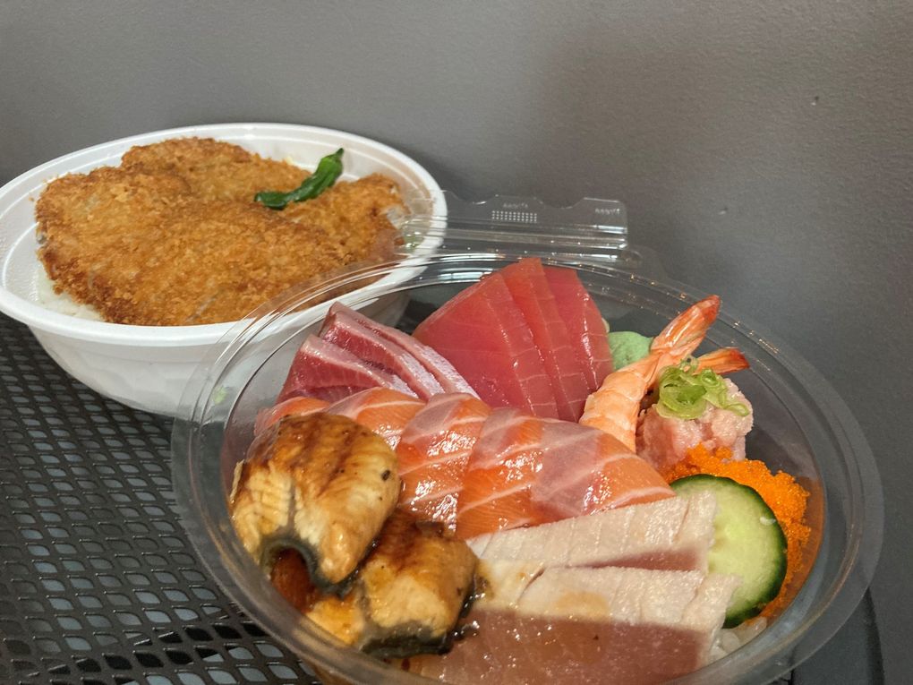 The chirashi bowl and tonkatsu are two great foods you can get at Donburi Station. (Amy Wong / The Seattle Times)