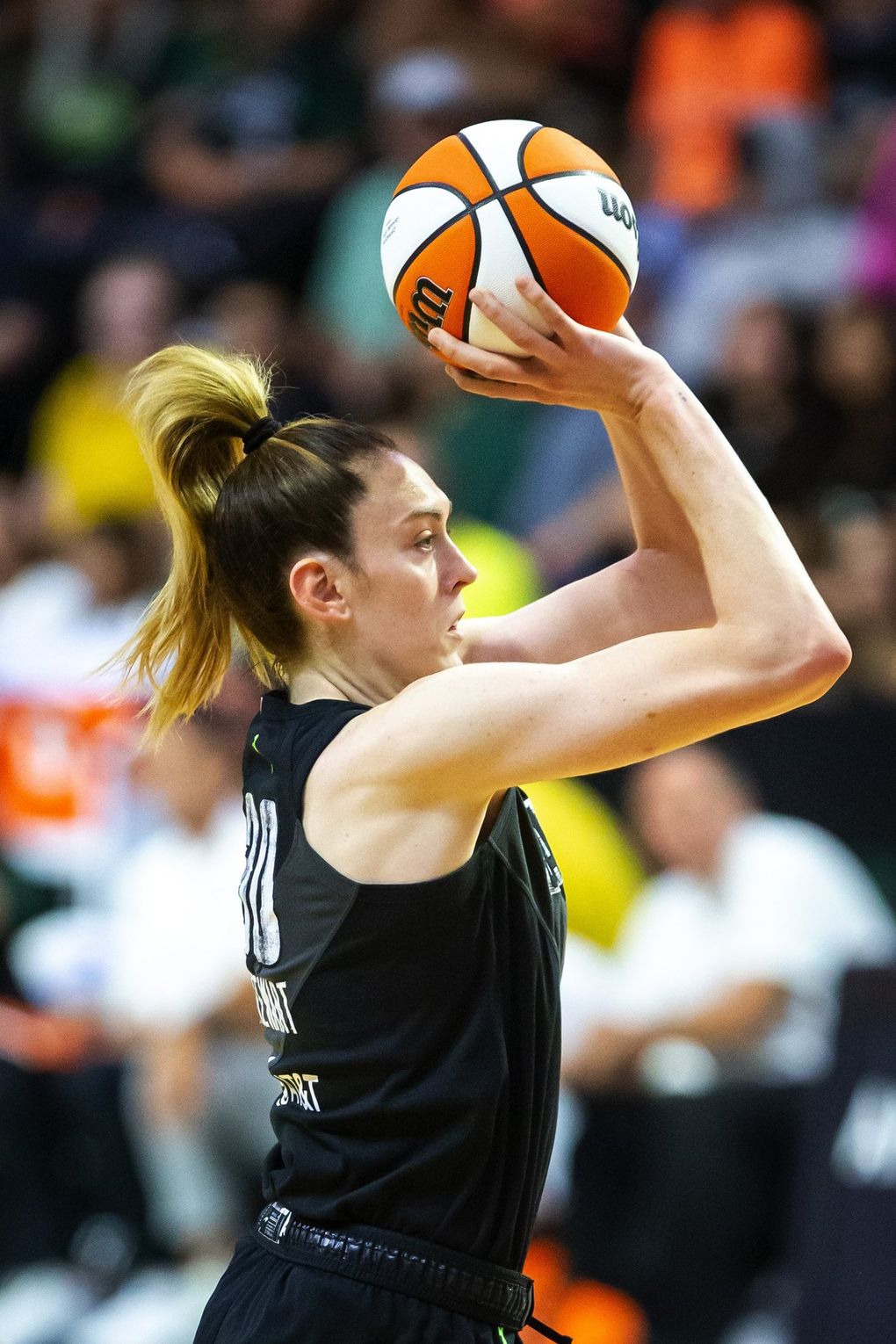 Storm forward Breanna Stewart hits a shot in the second half for two of her 13 points in the game as the Seattle Storm take on the Phoenix Mercury at the Angel of the Winds Arena in Everett Sunday July 11, 2021. (Bettina Hansen / The Seattle Times)