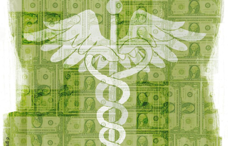This artwork by Donna Grethen refers to the questions and concerns people have about medicare-for-all and single-payer healthcare plans.