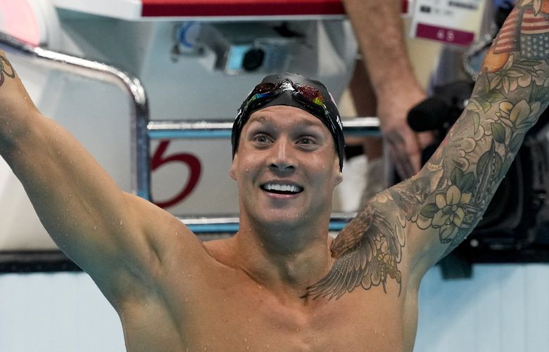 Caeleb Dressel, of the United States, celebrates after winning the men’s 100-meter freestyle final at the 2020 Summer Olympics, Thursday, July 29, 2021, in Tokyo, Japan. (AP Photo/Martin Meissner) OSWM447 OSWM447