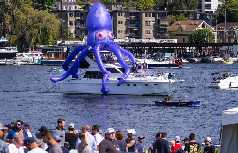 A Kraken tops a boat that is part of the flotilla of fans who turned out for Wednesday’s Expansion Draft.  The NHLÃ­s Expansion Draft for the Seattle Kraken was held Wednesday, July 21, 2021 at Gas Works Park in Seattle, WA. 217659 217659