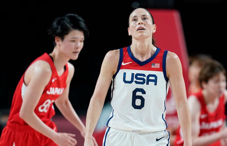 United States’ Sue Bird (6) reacts after making a shot during women’s basketball preliminary round game against Japan at the 2020 Summer Olympics, Friday, July 30, 2021, in Saitama, Japan. (AP Photo/Charlie Neibergall)