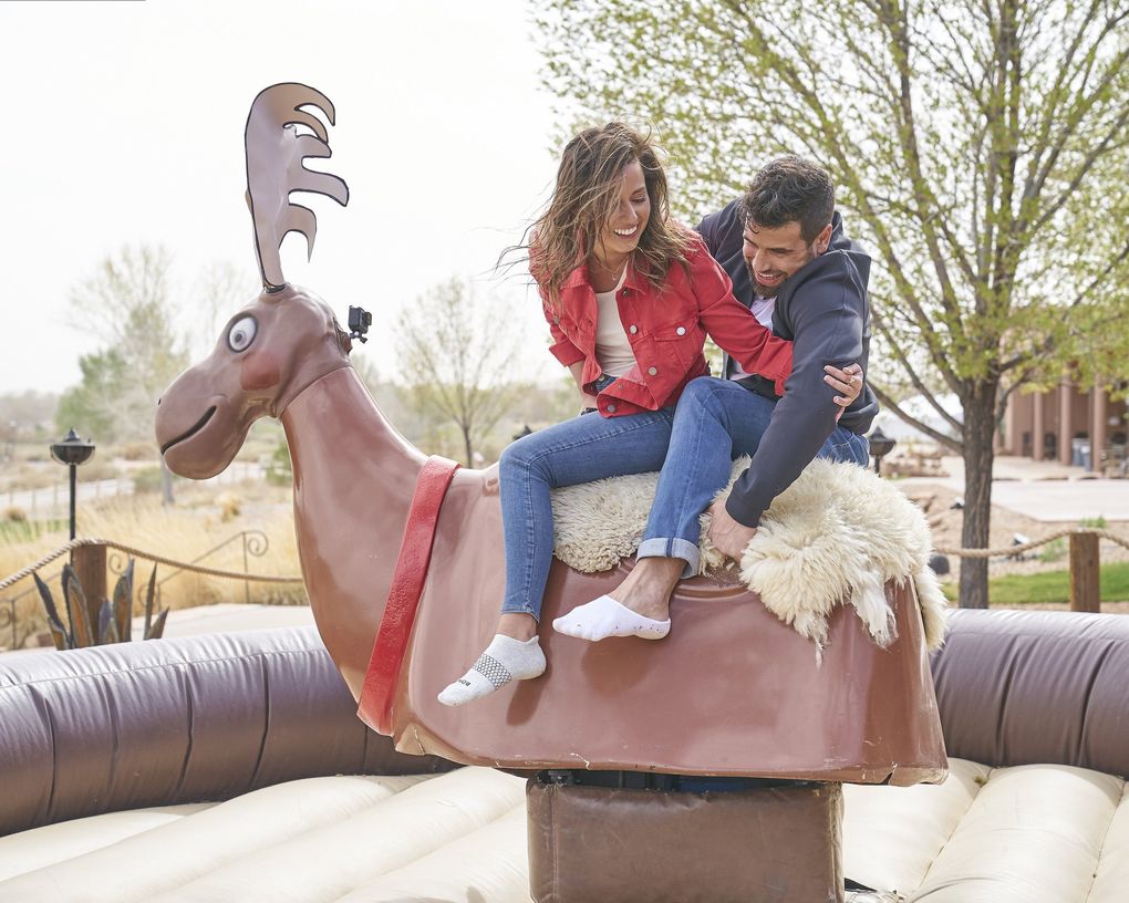 COVID-19 restrictions prevented the traditional hometown visits on “The Bachelorette,” so instead, the show brought the suitors’ hometowns to Katie Thurston. Canadian Blake Moynes’ date featured a mechanical moose. (Craig Sjodin / ABC)