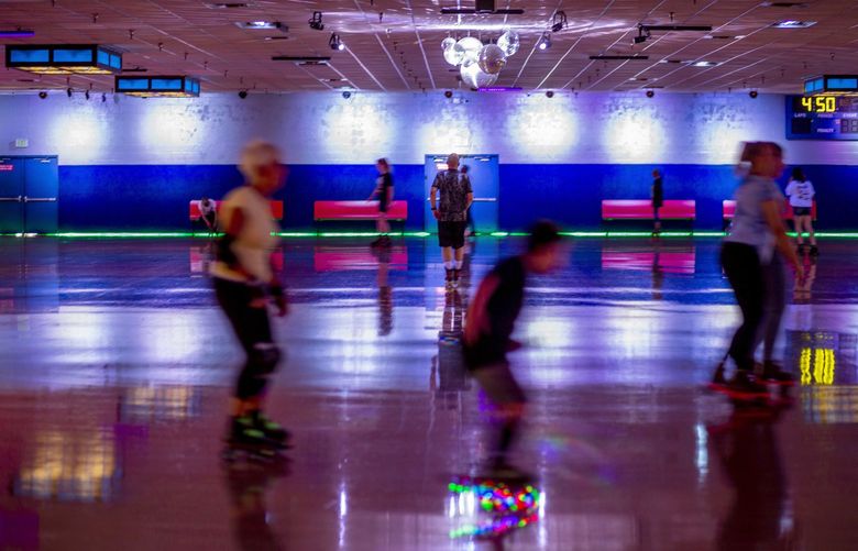 FEDERAL WAY – PATTISONS SKATING RINK- 072821
Skaters make their way around the rink at PattisonÃs West Skating Center on Wednesday, July 28, 2021 in Federal Way. The rink was set to be sold this month, but has been paused for now.