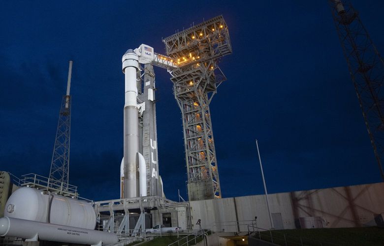 A United Launch Alliance Atlas V rocket with Boeing’s CST-100 Starliner spacecraft aboard stands on the launch pad ahead of the Orbital Flight Test-2 mission, Monday, Aug. 2, 2021 at Cape Canaveral, Fla. Starliner, without a crew, is expected dock with the International Space Station as part of NASA’s Commercial Crew Program. (Joel Kowsky/NASA via AP) NYDB511 NYDB511