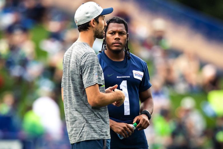 Rookie Seattle Seahawks wide receiver D'Wayne Eskridge (1) stands on the  field during NFL football practice Wednesday, July 28, 2021, in Renton,  Wash. (AP Photo/Ted S. Warren Stock Photo - Alamy