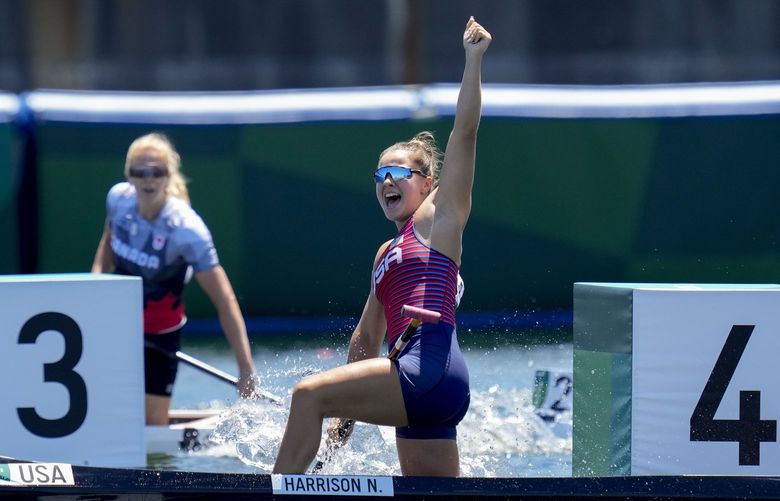 Nevin Harrison, of the United States, reacts after winning the gold medal in the women’s canoe single 200m final at the 2020 Summer Olympics, Thursday, Aug. 5, 2021, in Tokyo, Japan. (AP Photo/Kirsty Wigglesworth) OLYJJ259 OLYJJ259