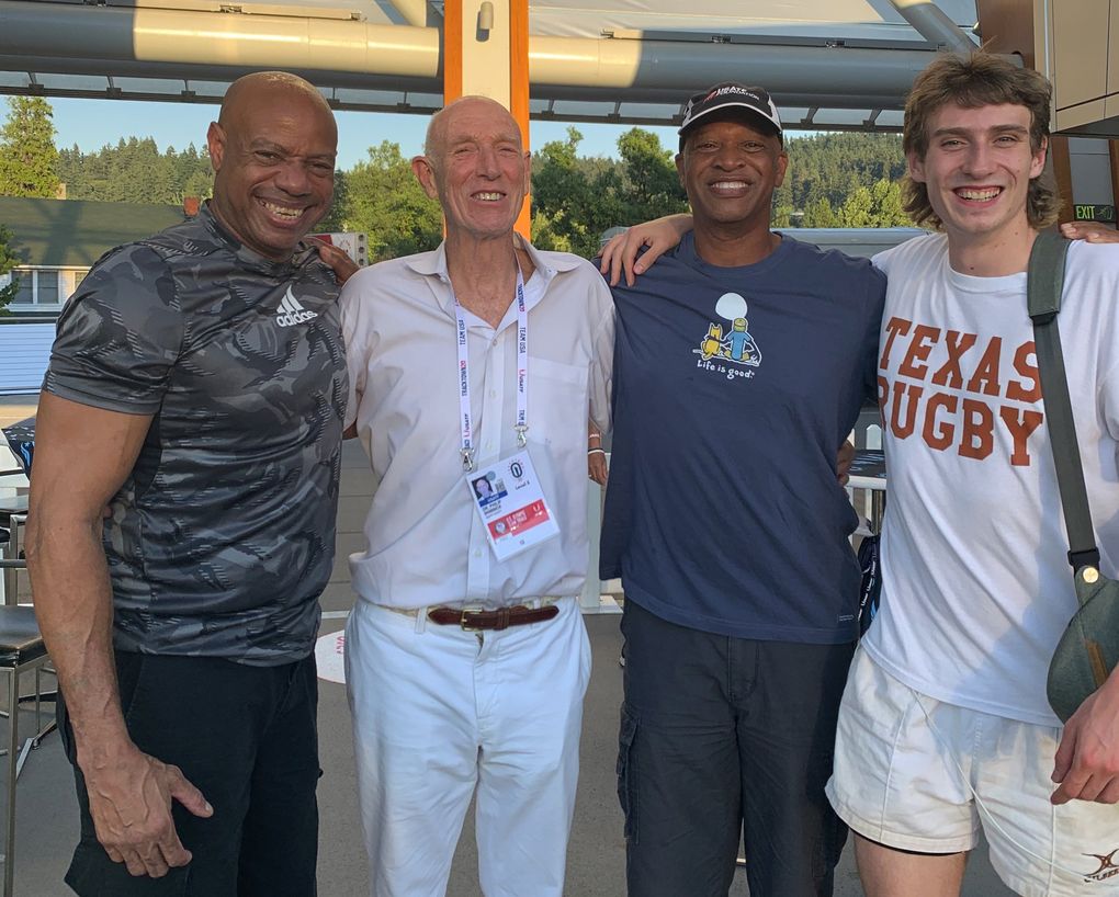 Phil Shinnick (second from left) is joined by Mike Powell, current long jump world record holder, Willie Banks, former triple jump world-record holder and Phil’s son Kent in Eugene, Oregon, in June, when Shinnick’s world record in the long jump in 1963 was recognized. (Courtesy Phil Shinnick / )
