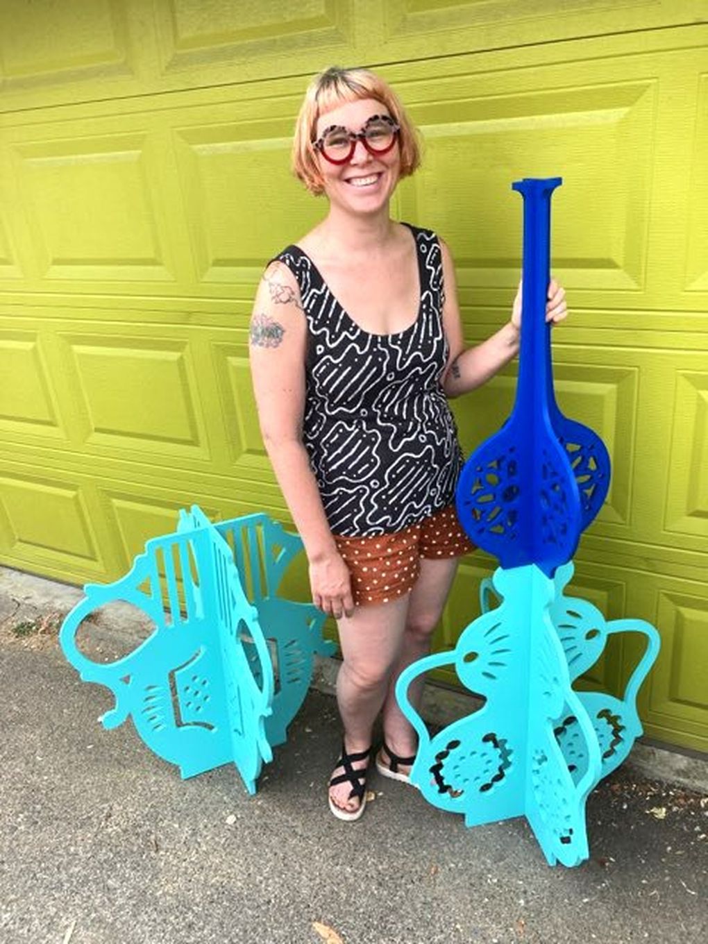 Artist Eroyn Franklin with some of the wooden “vessels” used in the design of her mini-golf hole, inspired by SAM’s Porcelain Room. (Courtesy of Eroyn Franklin)