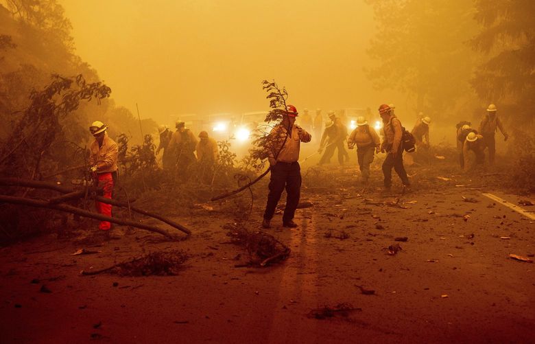 Firefighters battling the Dixie Fire clear Highway 89 after a burned tree fell across the roadway in Plumas County, Calif., on Friday, Aug. 6, 2021. (AP Photo/Noah Berger) CANB115 CANB115