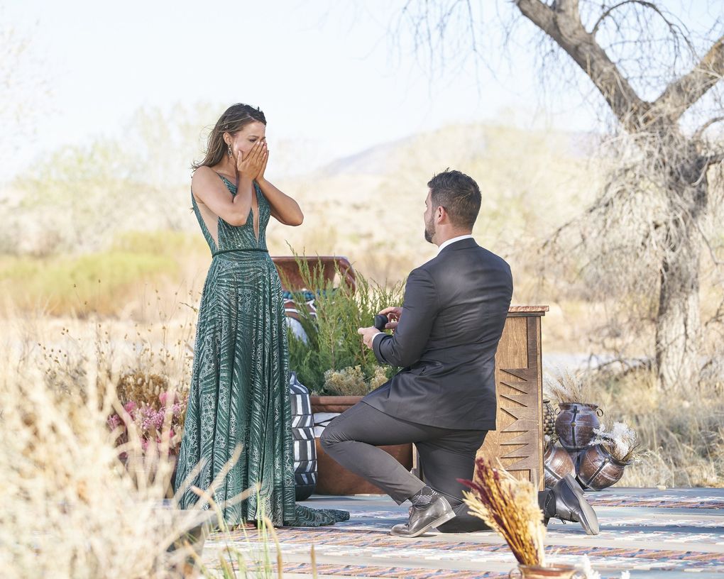 Blake Moynes proposes to Katie Thurston on Monday night’s season finale of “The Bachelorette.” (Craig Sjodin / ABC)