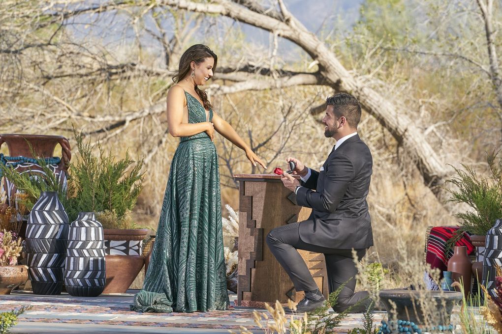 Blake Moynes proposed to Katie Thurston — and she accepted — on the Aug. 9 season finale of “The Bachelorette.” (Craig Sjodin / ABC)