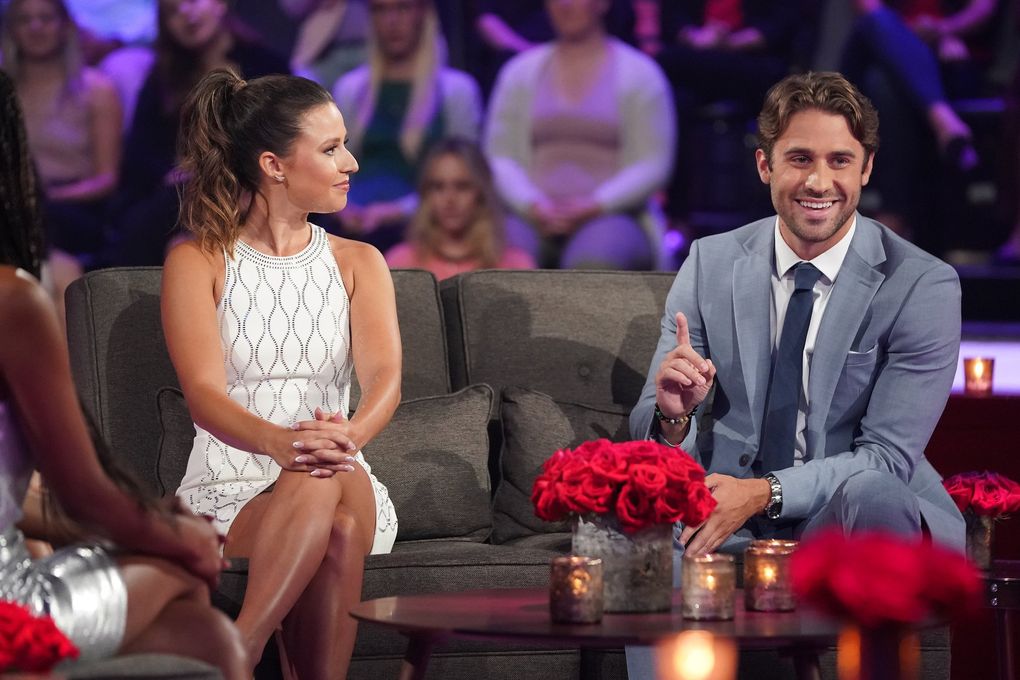 Katie Thurston and Greg Grippo, who had left the show angrily before the finale, had a super-awkward reunion on “The Bachelorette: After the Final Rose.” (Eric McCandless / ABC)