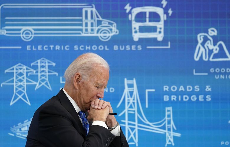 President Joe Biden listens during a virtual meeting from the South Court Auditorium at the White House complex in Washington, Wednesday, Aug. 11, 2021, to discuss the importance of the bipartisan Infrastructure Investment and Jobs Act. (AP Photo/Susan Walsh) DCSW120 DCSW120
