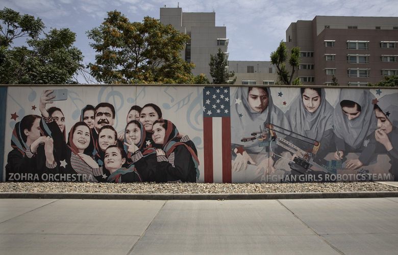Murals are seen along the walls at a quiet US embassy on July 30, 2021 in Kabul, Afghanistan. (Paula Bronstein/Getty Images/TNS) 24208653W 24208653W