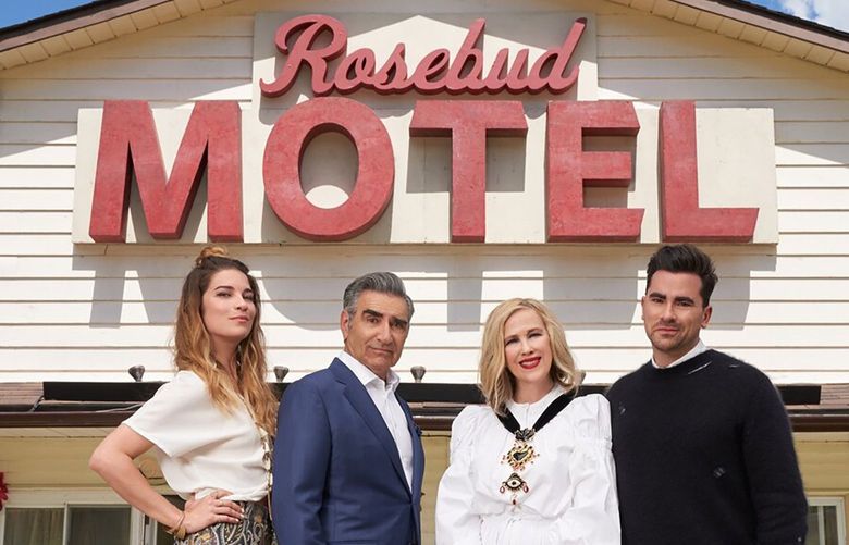 From left, Annie Murphy as Alexis, Eugene Levy as Johnny, Catherine O’Hara as Moira and Dan Levy as David on “Schitt’s Creek.” MUST CREDIT: Pop TV