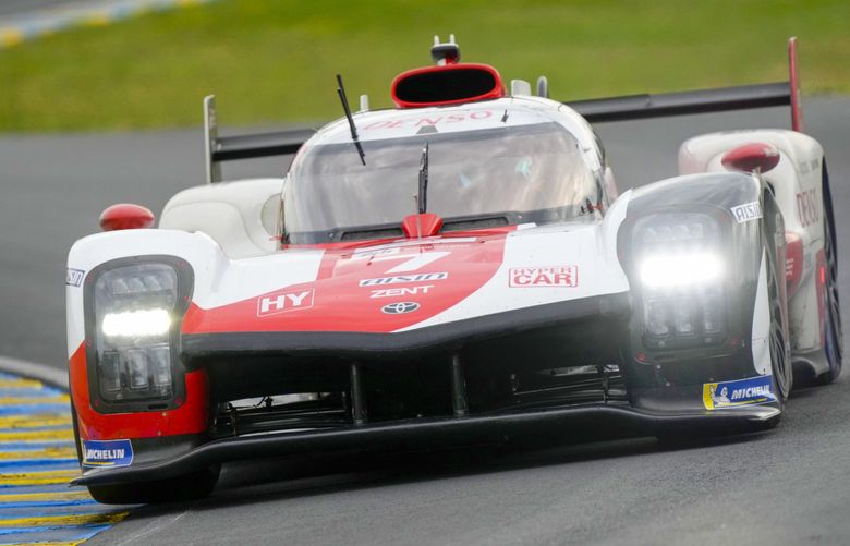 Mike Conway of Britain driving the Toyota Gazoo Racing’s Toyota GR010 Hybrid takes a curve during the 24-hour Le Mans endurance race, in Le Mans, France, Saturday, Aug. 21, 2021. (AP Photo/Francois Mori) XAF136