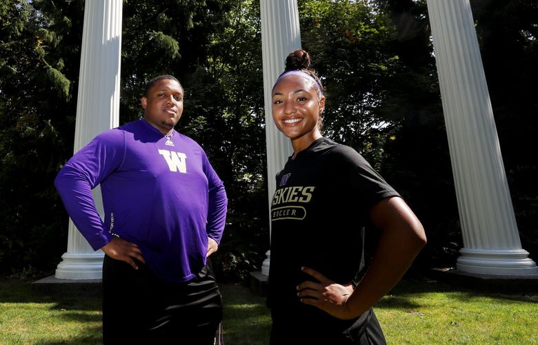 UW Track and Field discus thrower Elijah Mason and UW soccer player MaKayla Woods, seen on campus at the Sylvan Grove Theater and Columns, are the founders and co-presidents of UW’s Black Student Athlete Alliance. 218009