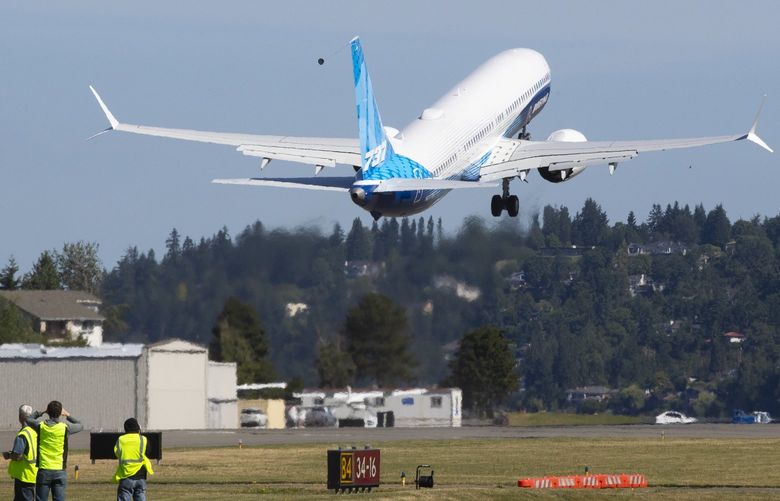 The final version of the 737 MAX, the MAX 10,  takes off from Renton Airport in Renton, WA on its first flight Friday, June 18, 2021.  