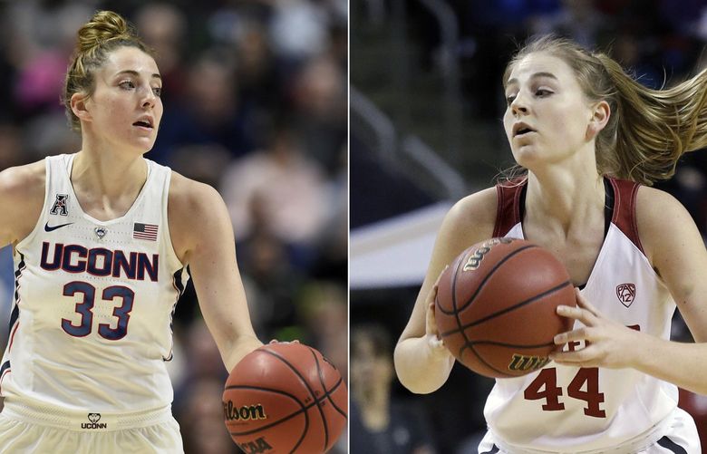 FILE – At left, in a March 4, 2018, file photo, Connecticut’s Katie Lou Samuelson dribbles during the first half of an NCAA college basketball game in the American Athletic Conference tournament quarterfinals at Mohegan Sun Arena, in Uncasville, Conn. At right, in a March 3, 2017, file photo, Stanford’s Karlie Samuelson looks to pass against Washington State in the first half of an NCAA college basketball game in the Pac-12 Conference tournament, in Seattle. With 11 pairs of sisters and a mother-daughter combo, the women’s NCAA Tournament has definitely been a family affair. (AP Photo/File) NY153