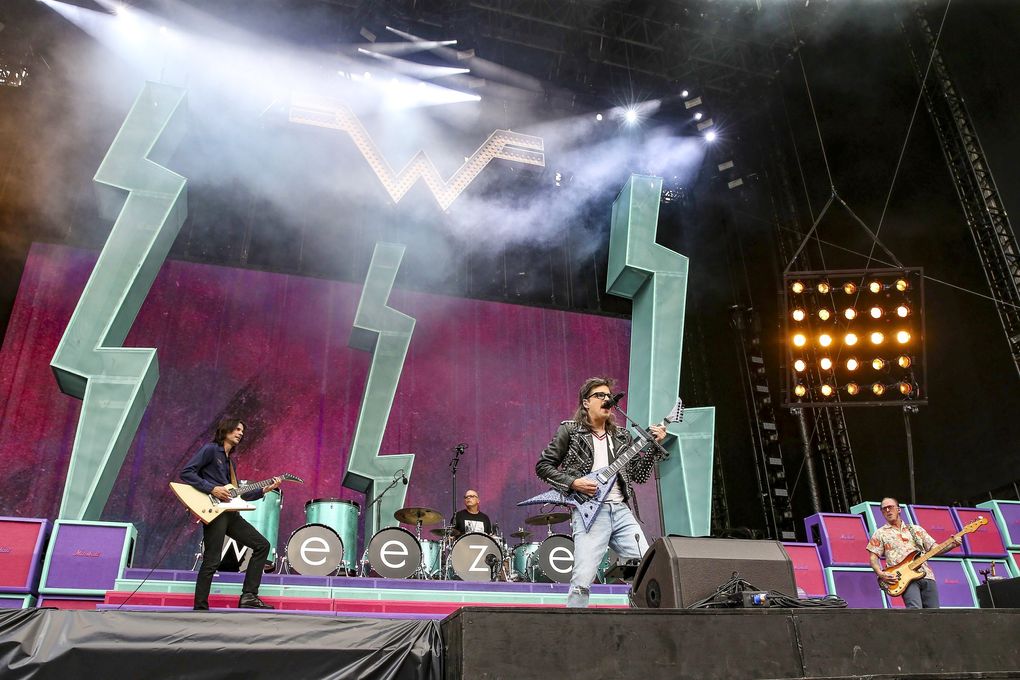 Weezer perform during their Hella Mega Tour stop at Citizens Bank Park in Philadelphia, Aug. 20, 2021. (Steven M. Falk / Philadelphia Inquirer / TNS)