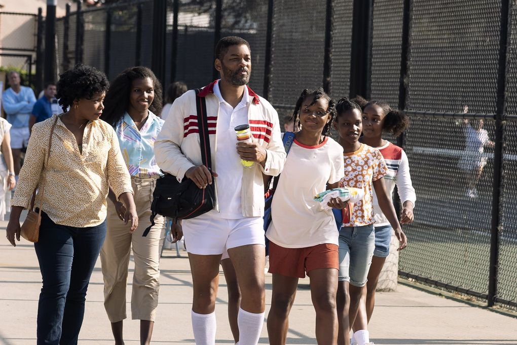 From left to right: Aunjanue Ellis, Mikayla Bartholomew, Will Smith, Saniyya Sidney, Demi Singleton and Daniele Lawson in “King Richard.” (Chiabella James / Warner Bros. Pictures)