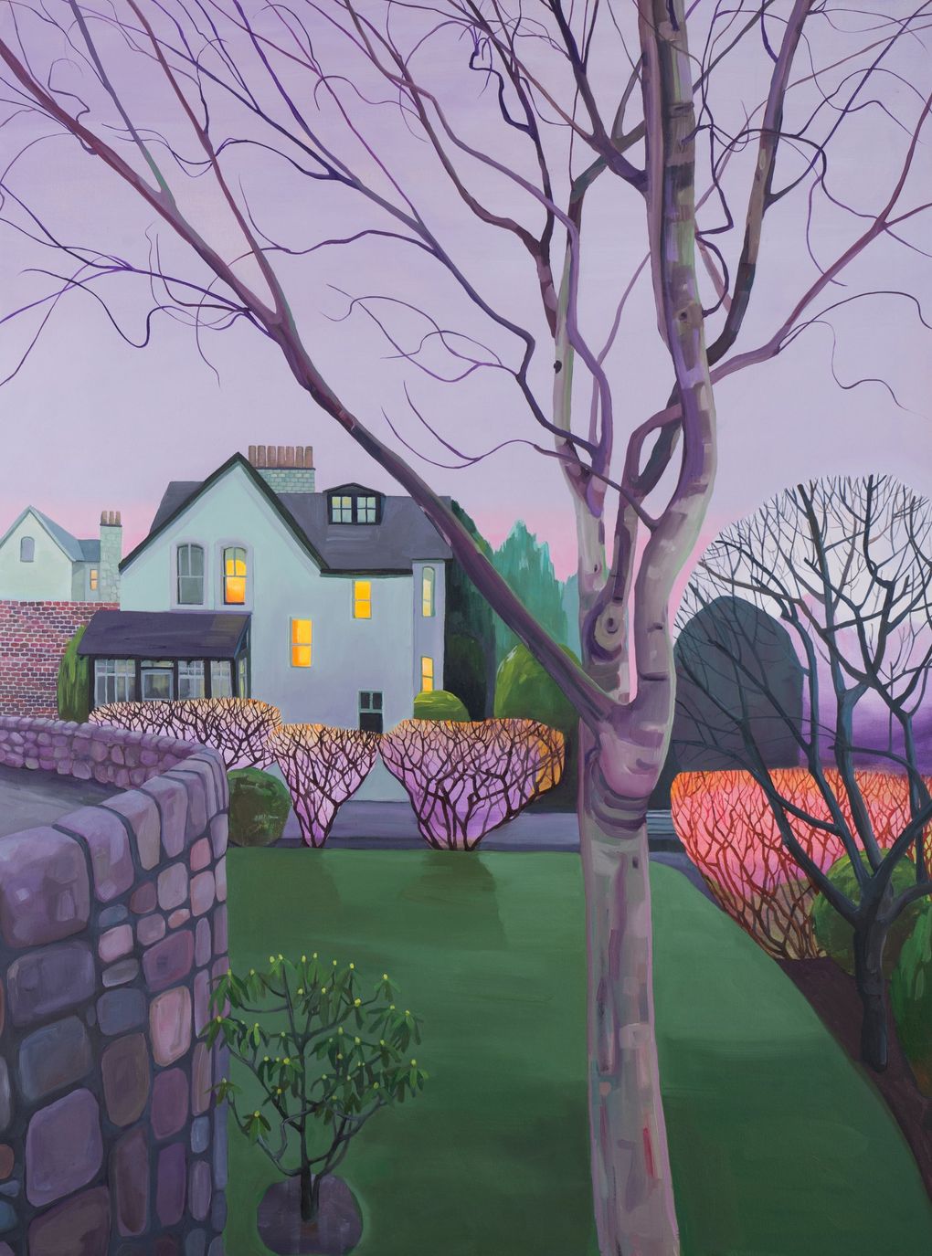 Rachel Campbell refers to her style as “abstracted realism,” somewhere between abstraction and figuration. The setting of “Dusk on the Lade Braes II” is clear, but the more you look at it, the more you notice hints of abstraction, like the glowing pink and purple auras on the bushes. (Courtesy of ZINC Contemporary)