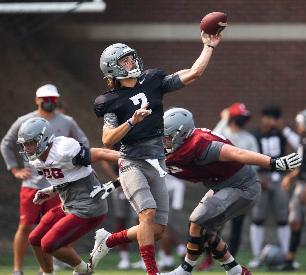 Washington State quarterback Cooper Cammon (2) practices, Aug. 12, 2021 at Rogers Field on the WSU campus in Pullman. (Dean Rutz / The Seattle Times)