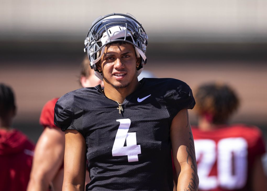 Washington State quarterback Jayden de Laura (4) practices, Aug. 11, 2021 at Rogers Field on the WSU campus in Pullman, WA. (Dean Rutz / The Seattle Times)