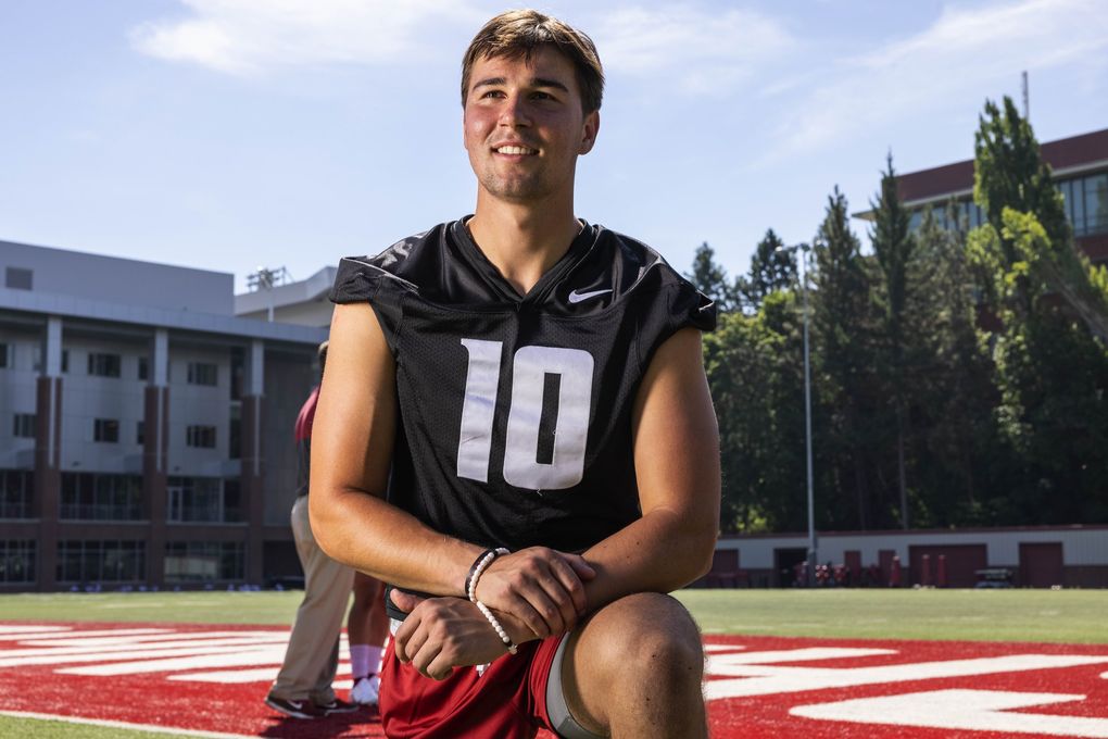 Washington State quarterback Victor Gabalis (10) is pictured at practice, Aug. 11, 2021 at Rogers Field on the WSU campus in Pullman. (Dean Rutz / The Seattle Times)
